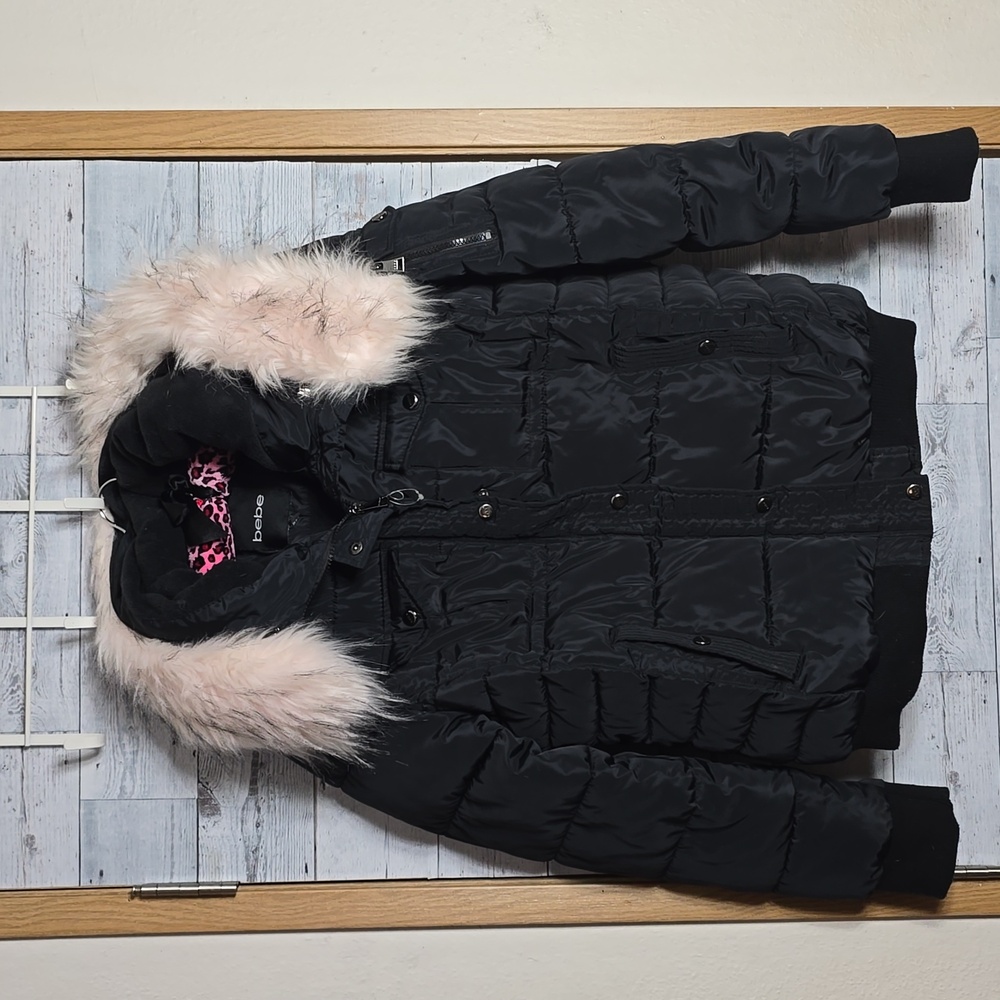 Bebe Black Puffer Jacket with Pink Faux Fur Trim